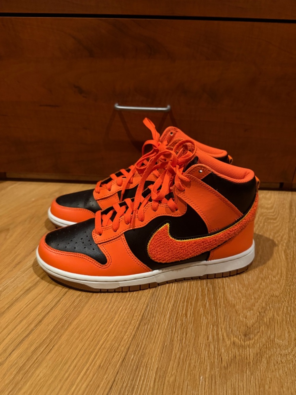 Nike Dunk High Retro Chenille Swoosh Safety Orange and Black Mid-Top Sneakers - Picture 2 of 6
